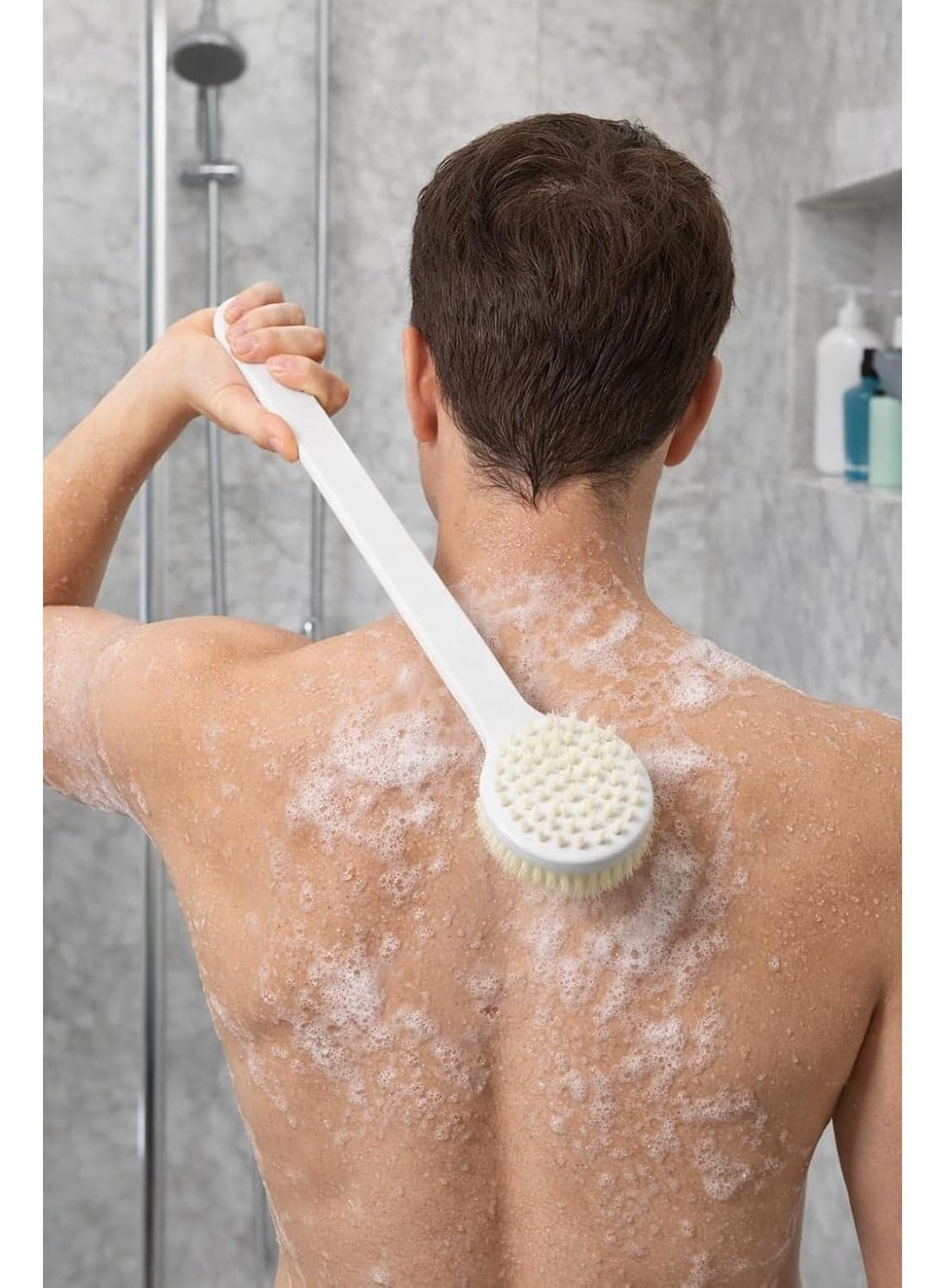 Long-handled, double-sided body scrub brush with soft bristles and massage nodules for deep skin cleansing; back scrubber; non-slip handle; random colors; 32cm body care brush (٥)