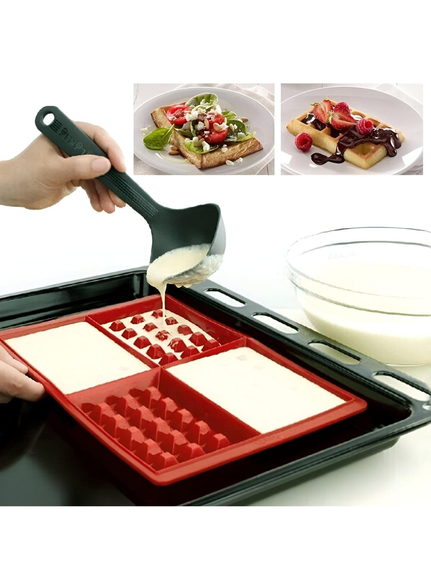 Quick Muffin and Waffle Baking Tray (4 holes): Non-stick silicone mold for baking cakes and desserts in standard sizes in record time - perfect heat distribution for golden results on the outside and crisp on the inside - oven, microwave and dishwasher safe. Moulds (٧)