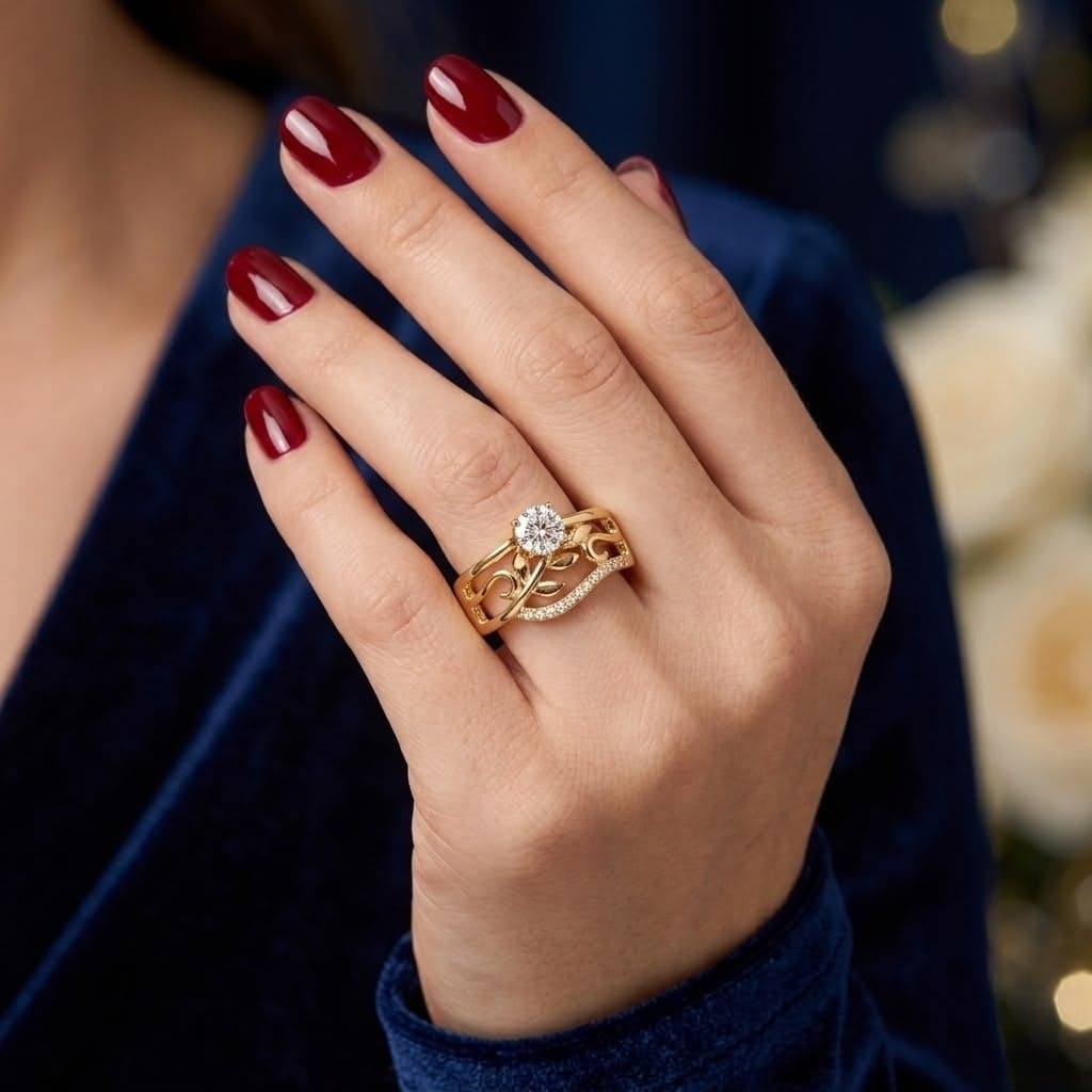 An elegant gold ring, adorned with a central cubic zirconia stone. It features delicate gold leaf motifs and a wavy, paved line embellished with sparkling, micro-stone cubic zirconias—a captivating and charming design. Women's Rings (4)