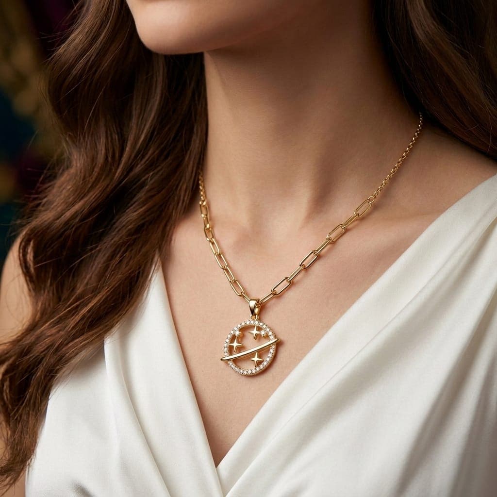 An elegant gold necklace made of rust-resistant stainless steel, featuring a circular pendant studded with zircon stones with a charming star and planet design, with an adjustable clasp to fit you. (2)