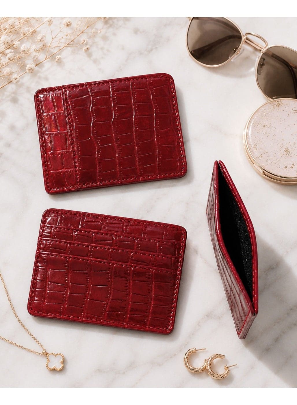 Small women's wallet with a glossy crocodile leather design – multi-pocket card and wallet – slim wallet for Visa, cash, and ID – red color (٧)
