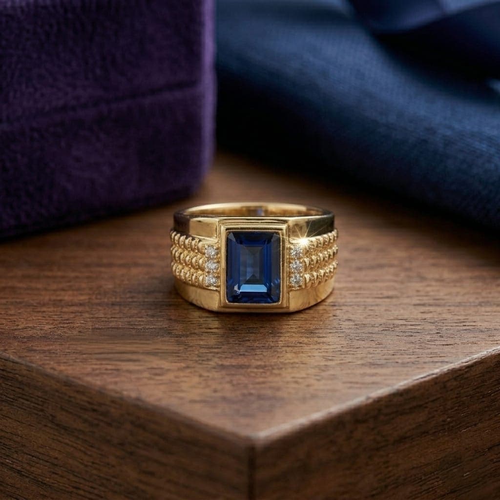 A luxurious gold men's ring, with a rectangular royal blue stone in the center, and sides decorated with raised engravings and shiny zircon stones, giving you a luxurious and attractive look on every occasion. (6)