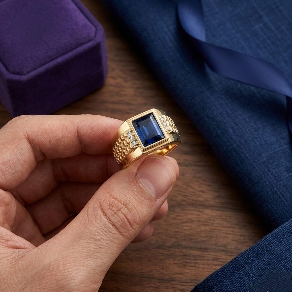 A luxurious gold men's ring, with a rectangular royal blue stone in the center, and sides decorated with raised engravings and shiny zircon stones, giving you a luxurious and attractive look on every occasion. (4)
