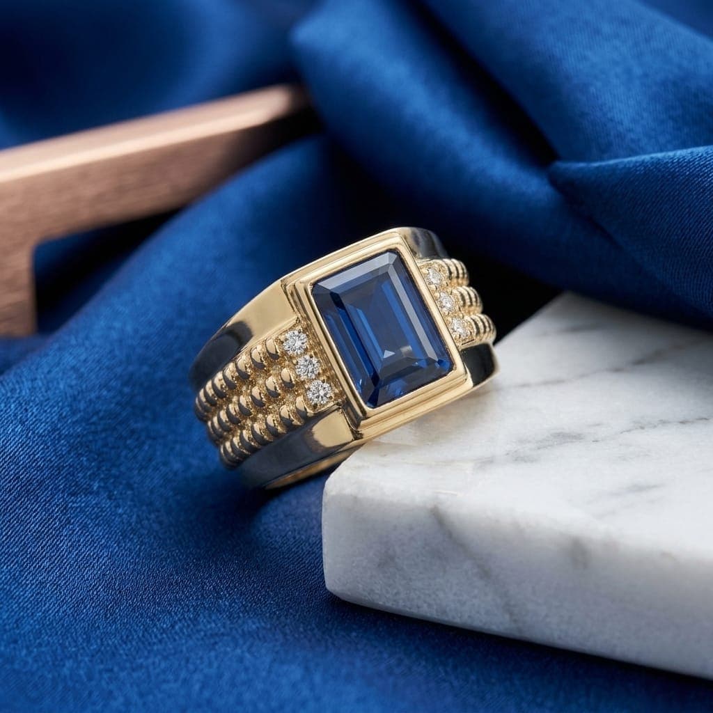 A luxurious gold men's ring, with a rectangular royal blue stone in the center, and sides decorated with raised engravings and shiny zircon stones, giving you a luxurious and attractive look on every occasion. (7)