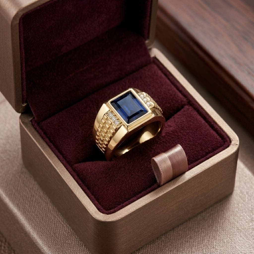A luxurious gold men's ring, with a rectangular royal blue stone in the center, and sides decorated with raised engravings and shiny zircon stones, giving you a luxurious and attractive look on every occasion. (5)