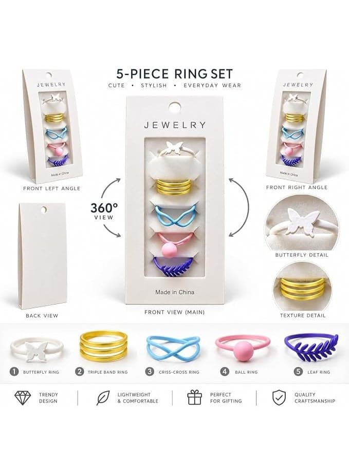 Fashion Ring Set for Women, 5 Pieces, Assorted Designs and Colors, Adjustable for a Unique Daily Look Women's Rings (2)