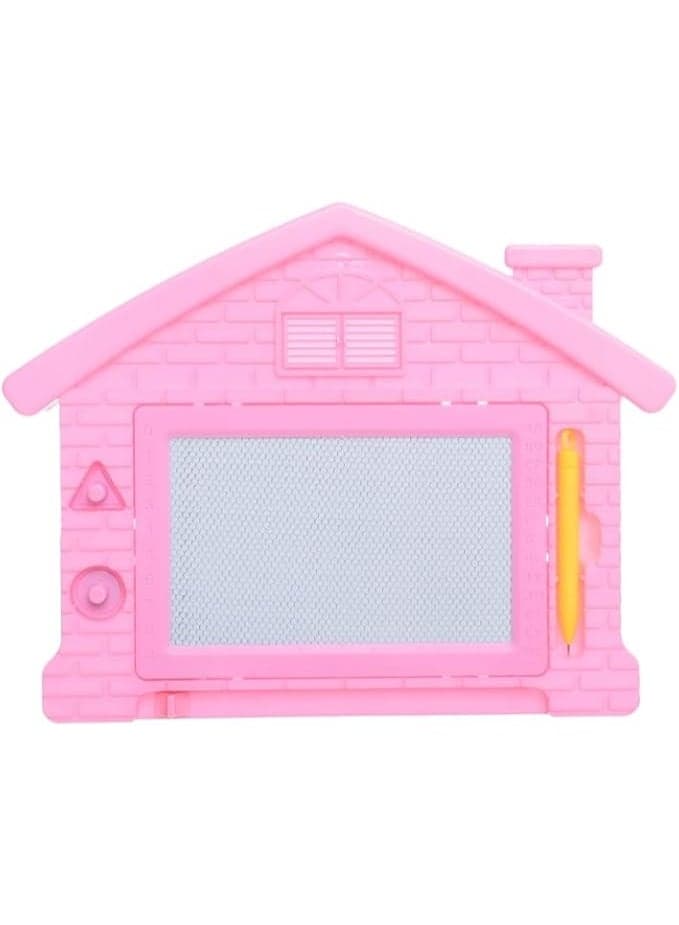 Plastic Magnetic Erasable Drawing And Writing Home Shaped Board With Multiple Shapes Of Stamps Aiming To Improve Creativity Skills For Children - Pink
