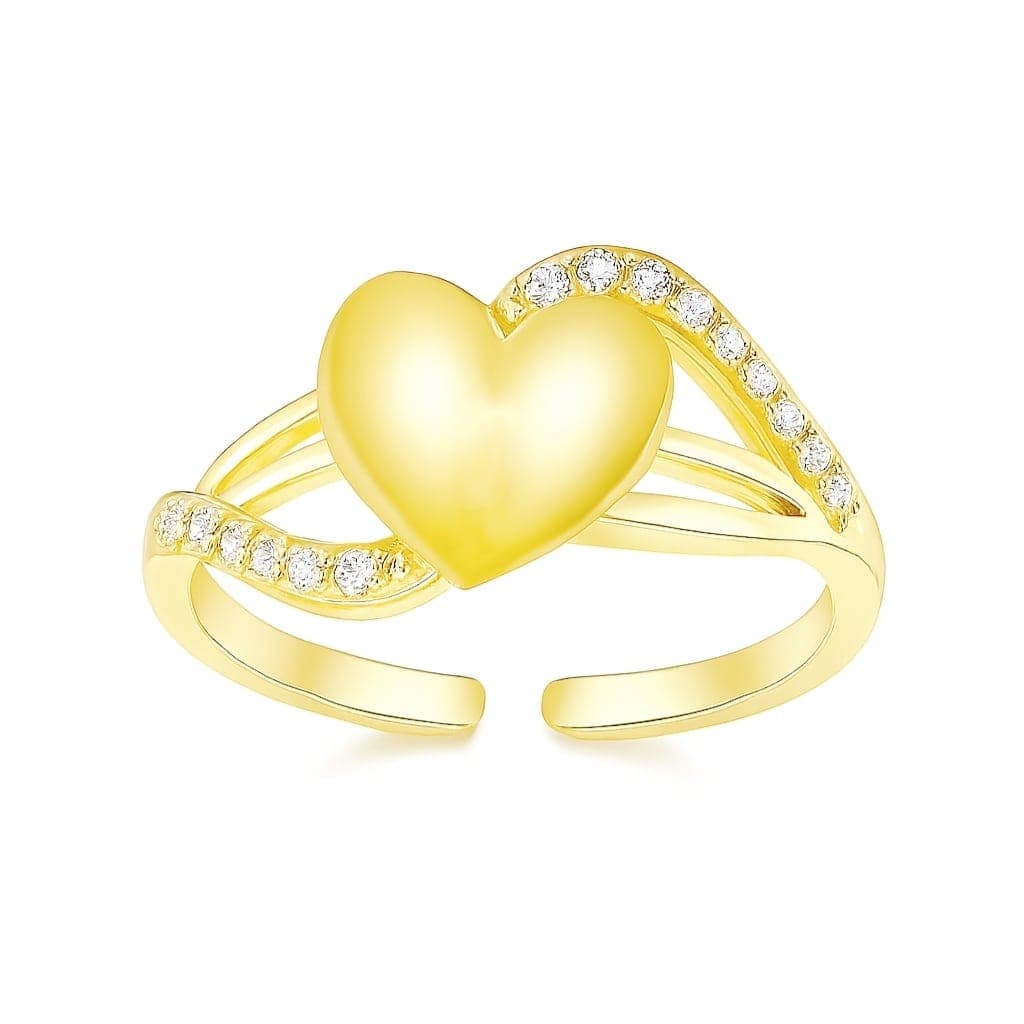 A luxurious gold ring featuring a prominent heart design, adorned with two flowing rows of sparkling cubic zirconia stones. Open to fit all sizes. Women's Rings (6)