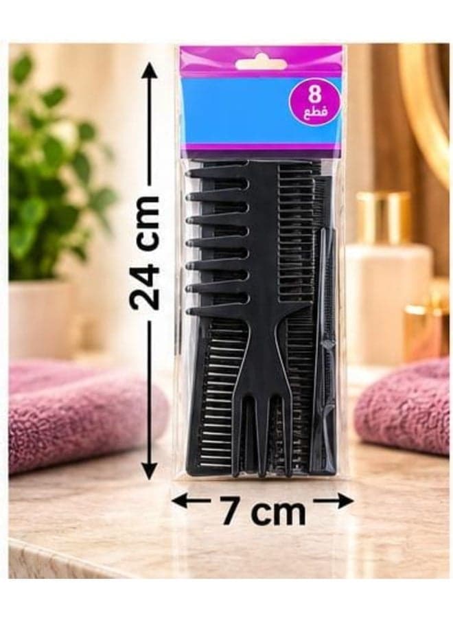 8-Piece Hair Styling Comb Set – Assorted Shapes and Uses – Black (4)