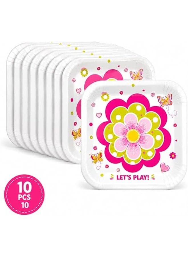 First Choice Square Paper Party Plates – 10-Piece Set (18 x 18 cm); elegant rose and butterfly design featuring the phrase "Let's Play" – perfect for birthdays, desserts, and special occasions. Party Tableware (3)