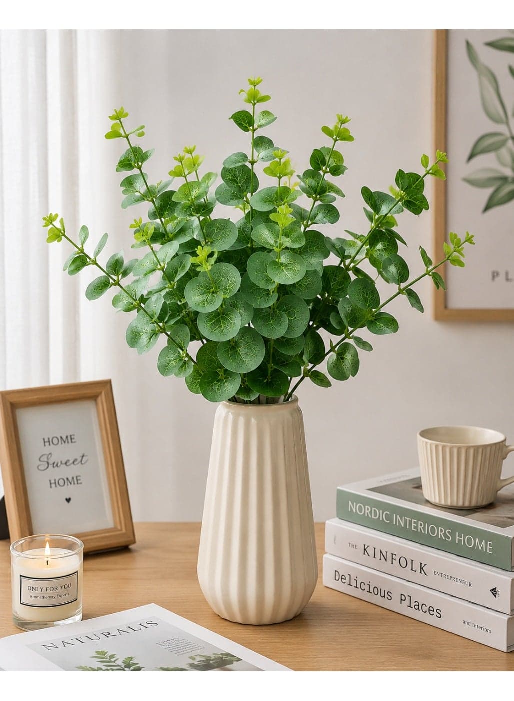 Artificial Eucalyptus Leaves Bouquet 43 Cm, 4 Main Multi-Branch Greenery Stems For Vase, Table, Home And Office Decoration Artificial Flowers (٢)