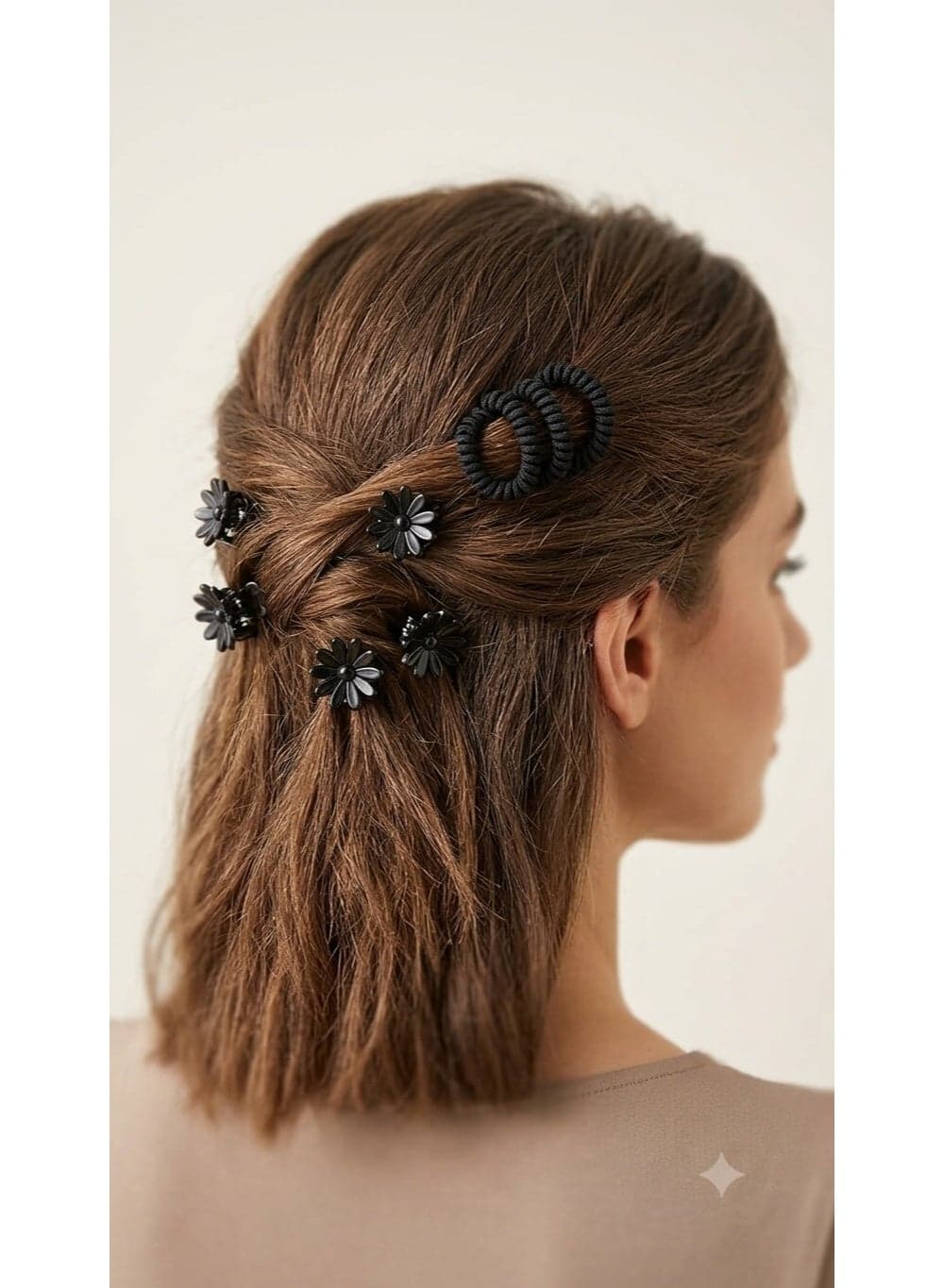 First Choice Elegant Hair Accessory Set - 24 Pieces (12 Elastic Hair Ties and 12 Small Flower Clips) - Classic Black (3)