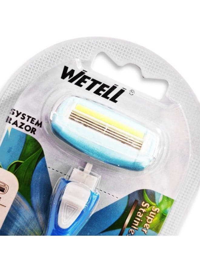Women's razor with 3 nano-precision blades and a 360° moisturizing strip, enriched with aloe vera and vitamin E for sensitive skin, a flexible head that conforms to the contours of the skin, and protective rubber fins for a smooth and safe shave without irritation. (٤)