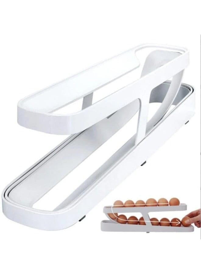 Generic Automatic Rolling Egg Organizer – 2-Tier Sliding Egg Holder for Fridge and Kitchen Storage, Holds Up to 14 Eggs – White (٢)