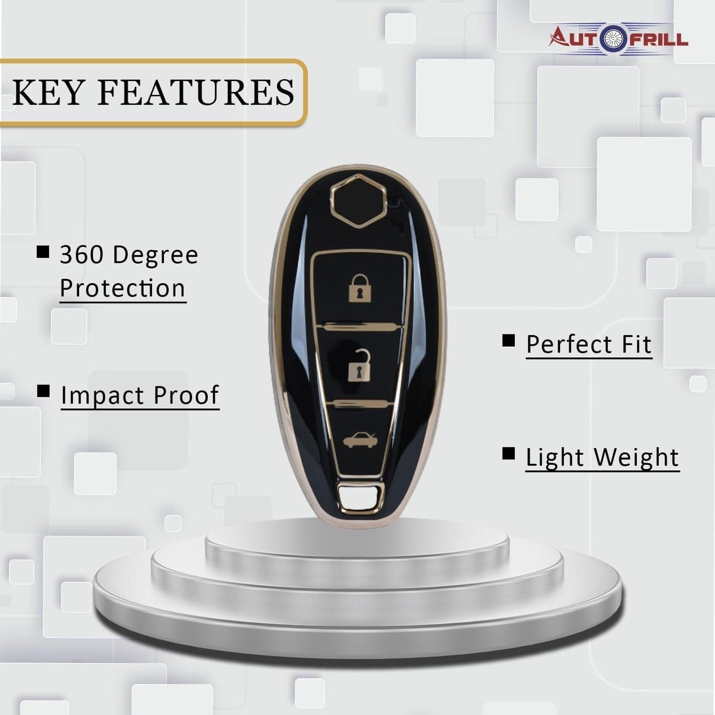 AUTOFRILL TPU Car Key Cover Compatible for Maruti Suzuki Ignis | SCross | Baleno | Ciaz | Vitara Brezza | Swift 3 Button Smart Key Cover (Black) Sun Protection (٣)