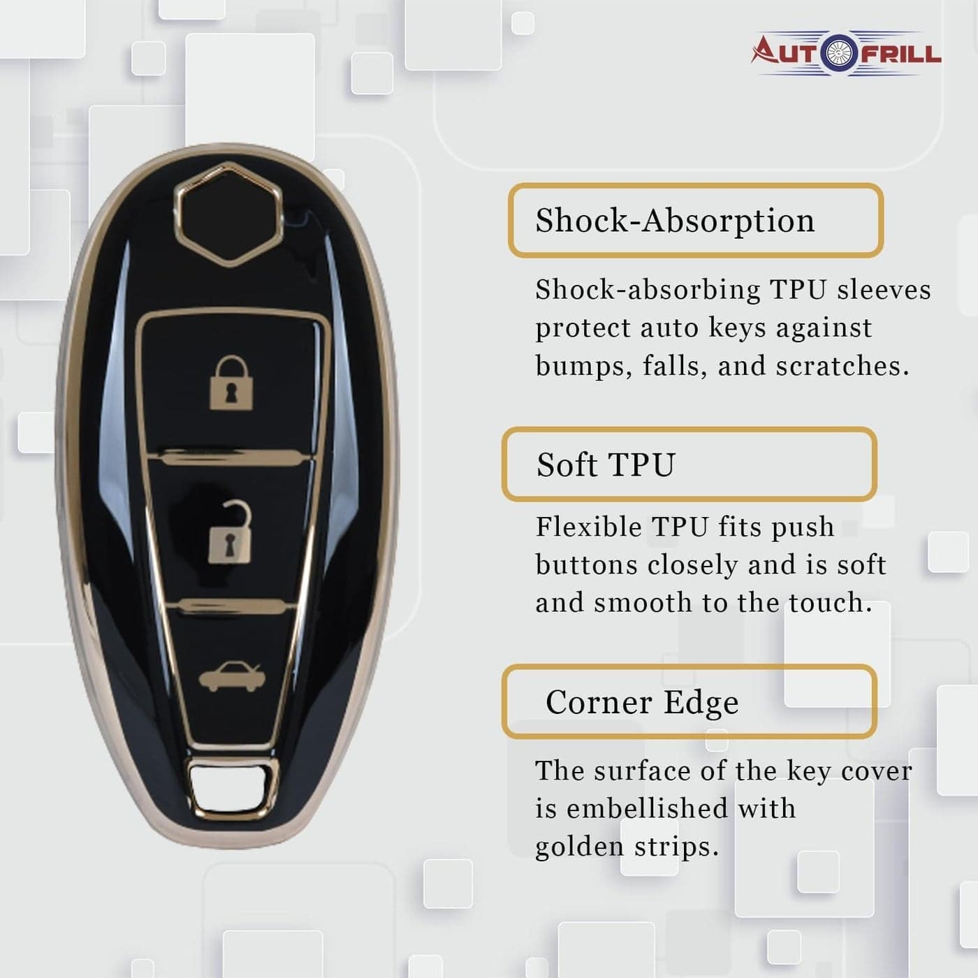 AUTOFRILL TPU Car Key Cover Compatible for Maruti Suzuki Ignis | SCross | Baleno | Ciaz | Vitara Brezza | Swift 3 Button Smart Key Cover (Black) Sun Protection