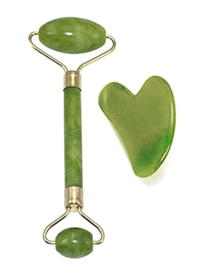 Double Head Jade Face Massage Roller With Scraping Tool Green/Gold Face Massagers & Rollers