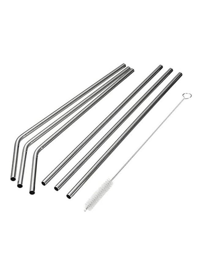Reusable Stainless Steel Straws - Set Of 6 Pieces With Cleaning Brush Silver Kitchen Accessories