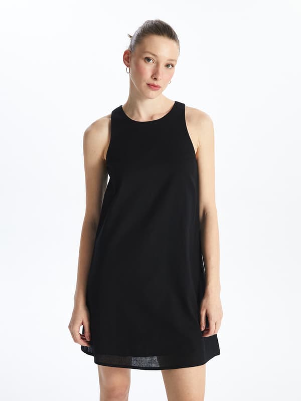Crew Neck Plain Linen Blend Women's Dress