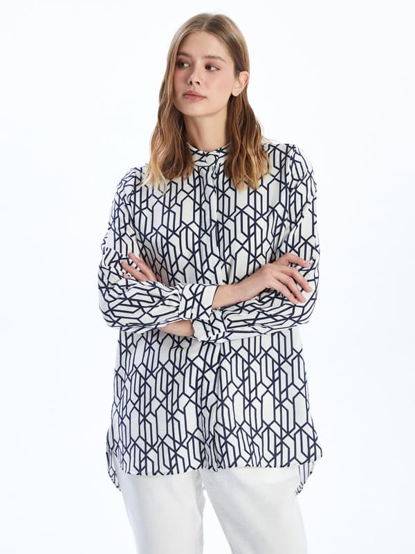 Grandad Collar Patterned Women's Shirt Tunic