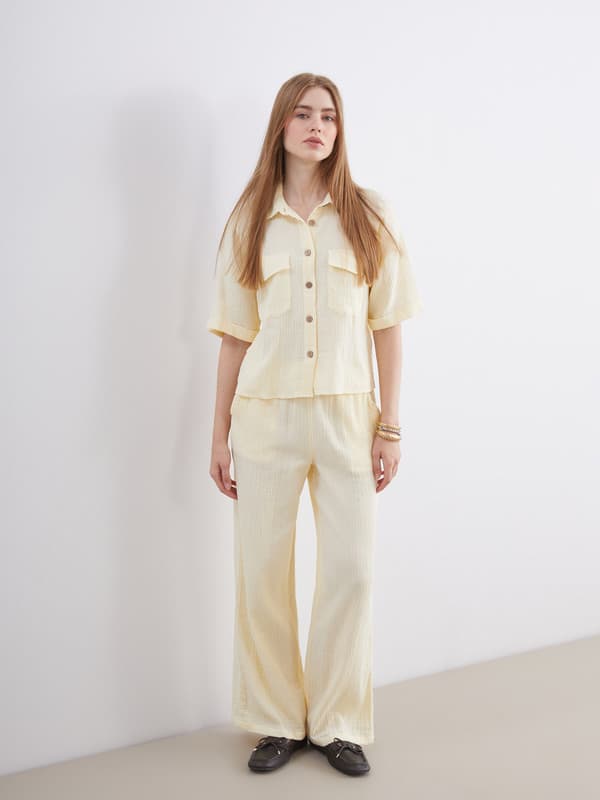 Elastic Waist Textured Muslin Women's Trousers