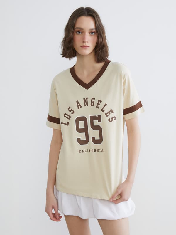 V Neck Printed Oversize Women's T-Shirt
