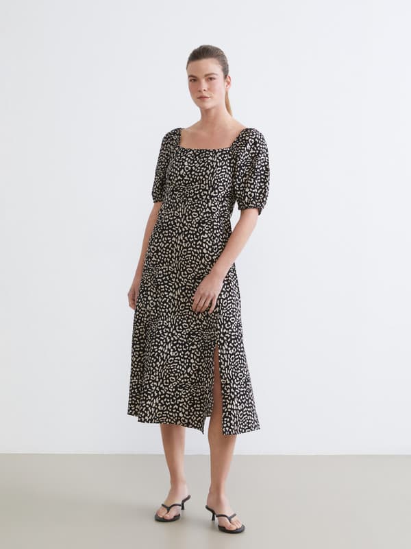 Square Neck Balloon Sleeve Fitted Waist Dress