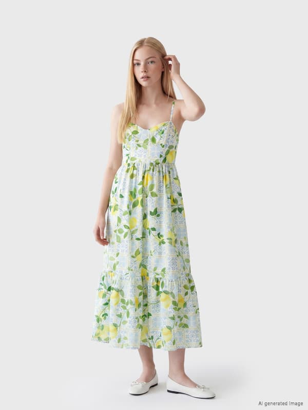 Lemon Patterned Strappy Poplin Dress