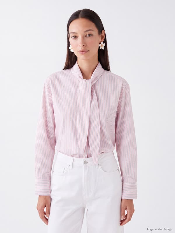 Striped Tie Neck Women's Shirt