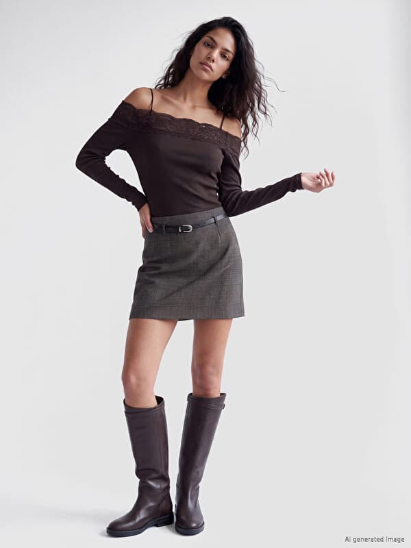 Belted Waist Plaid A-Line Mini Skirt