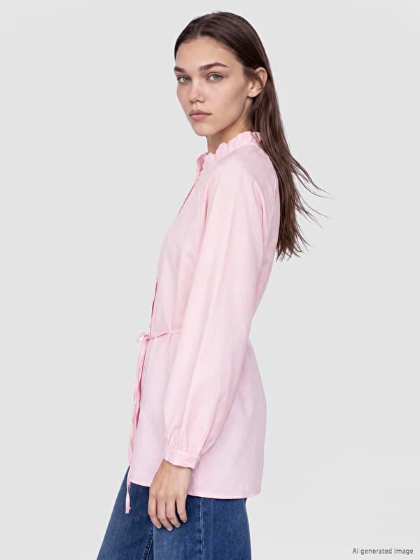 Grandad Collar Waist Sashed Striped Women's Shirt Tunic