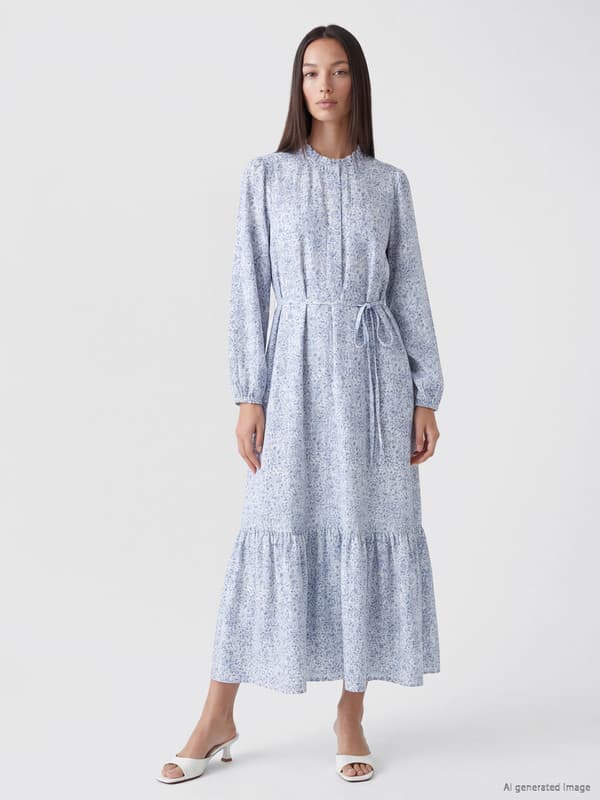 Frilled Mock Neck Floral Belted Waist Dress