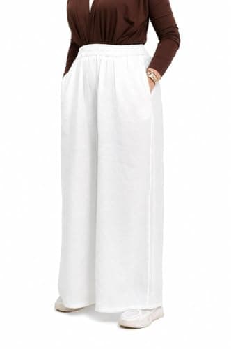 Wide Leg Oversize Pants for Women, White, Loose Fit, Elastic Waist with Side Pockets