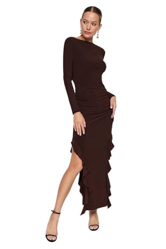Trendyol womens Brown Skirt Flounced Boat Kaya Maxi Stretchy Knitted Dress TWOAW24EL00616 Dress (pack of 1)