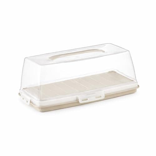 Rectangular Baton Cake Carrier, Plastic Cake Storage Box With Lid And Carry Handel, For Storing Loaf, Cake, Bread, Transparent (Creamy)