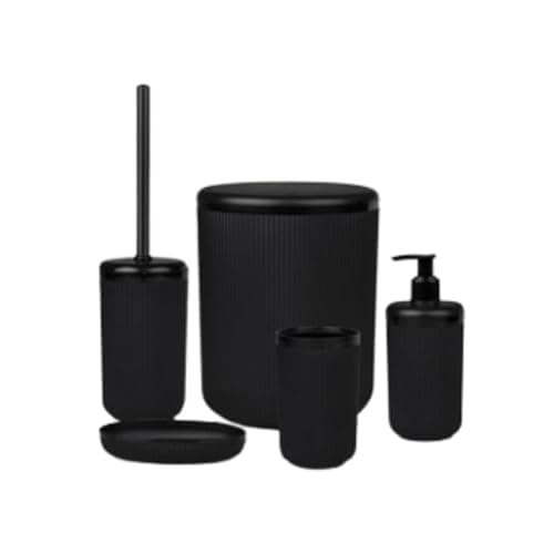 Bathroom Accessories Set – 5-Piece Plastic, 5 Liter Lidded Bin, Soap Dispenser, Toothbrush Tumbler, Soap Dish, Toilet Brush Holder, – Waterproof, Easy-Clean (Black)