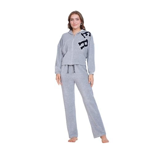 Zecotex Winter Dark Grey Velvet Cotton Pajamas for Women - Zipper Jacket + Head Cover - Front Embroidery - Velvet Cotton Pajama Set - Comfortable Home Wear