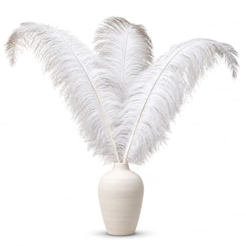 Large Ceramic Vase with Real Ostrich Feathers - 70 cm Tall Handmade Matte Pottery Floor Vase - Complete Pampas Style Arrangement for Living Room, No Flowers Needed (Beige, Round)