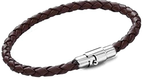 Men's Woven PU Leather with Stainless Steel Magnetic Clasp Bracelet Brown)