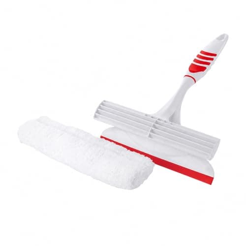 Microfiber Bathroom Cleaner – Reusable Microfiber Pad – Rubber Squeegee Blade – Non-Slip Handle – for Glass, Mirrors, Shower Doors & Tiles (Red)