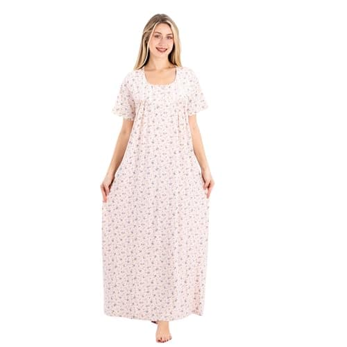 Summer Maxi Abaya | White Cotton Long Nightgown with Floral Print & Embroidery & 1/2 Sleeves | Elegant & Lightweight Dress | Ultimate Comfort Women's Homewear Nightgown nightshirt
