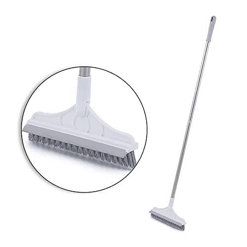 2 in 1 Floor Scrub Brush with Long Handle,Adjustable V-Shaped Cleaning Brush with Squeegee,120° Rotating Bathroom Kitchen Floor Crevice Cleaning Brush Magic Broom Brush (White)