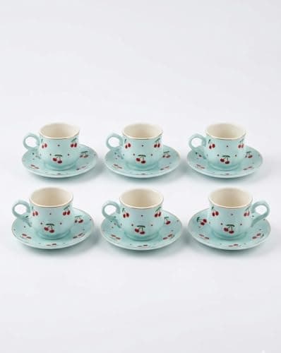 Generic Porcelain Coffee Cup Set 12 Pieces with Cherry Design, Porcelain Material for Coffee Serving, 6 Cups and 6 Saucers