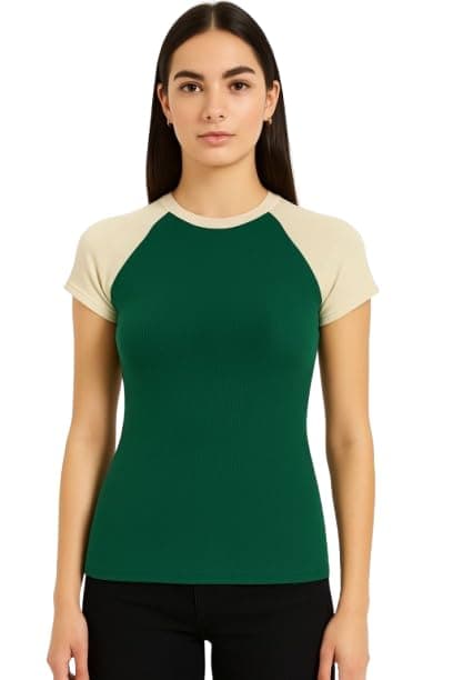 Ajyal Women's Short Sleeve T-Shirt, 2 Colors Raglan Sleeves, Casual Fit