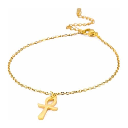 Julia Store 18K Gold Plated Stainless Steel Ankh Bracelet For Women Ancient Egyptian Key Of Life Bracelet Ankle Fashion Charm Ankh Jewelry