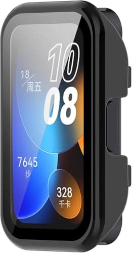 PC Full Coverage Protective Watch Case Cover Tempered Glass Screen Protector Compatible with Huawei Band 9/8(PC Black)