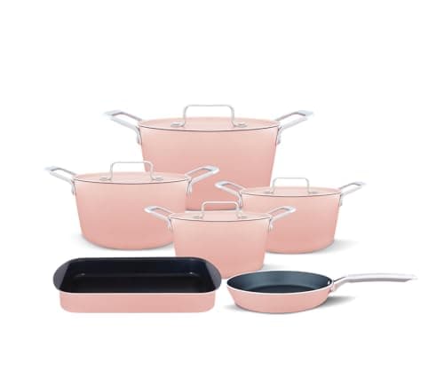 Trueval Diamond 10-Piece Non-Stick Cookware Set – Pots 18cm/20cm/24cm/28cm 26cm Frying Pan 30cm Casserole – Ceramic Coating – Hollow Stainless Steel Handles – Pink