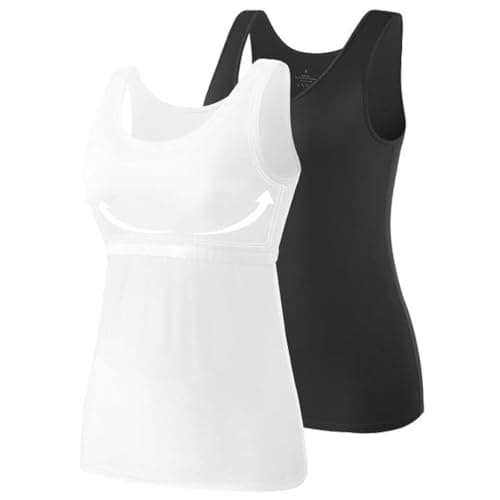 Mesery Set Of (2) Tank Tops For Women Built In Bra Shelf Bra Tanks Layering Undershirts Shirt