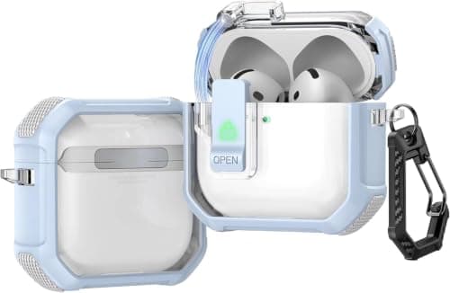 For Case (Compatible with AirPods 4) Case (2024) Cover with Lock, Clip Airpods 4th Generation Case 2024 Men Women, Shockproof Protective Hard Shell with Carabiner (Baby Blue)