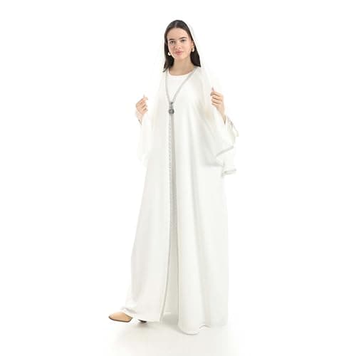 White Round Neckline Stitched Edges Loose Fit Abaya for Women Outerwear